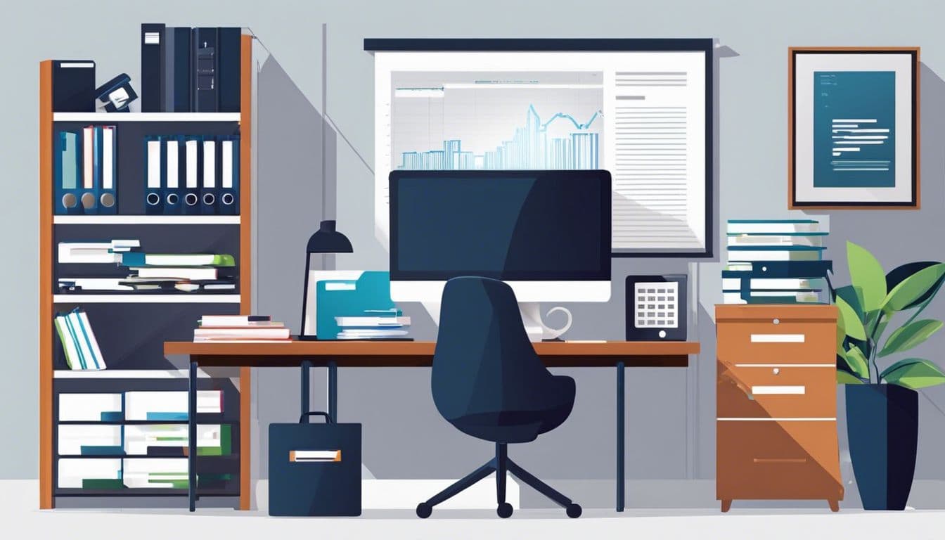 Een zakenman organiseert financiële gegevens in een moderne kantooromgeving. Een zakenman organiseert financiële gegevens in een moderne kantooromgeving.