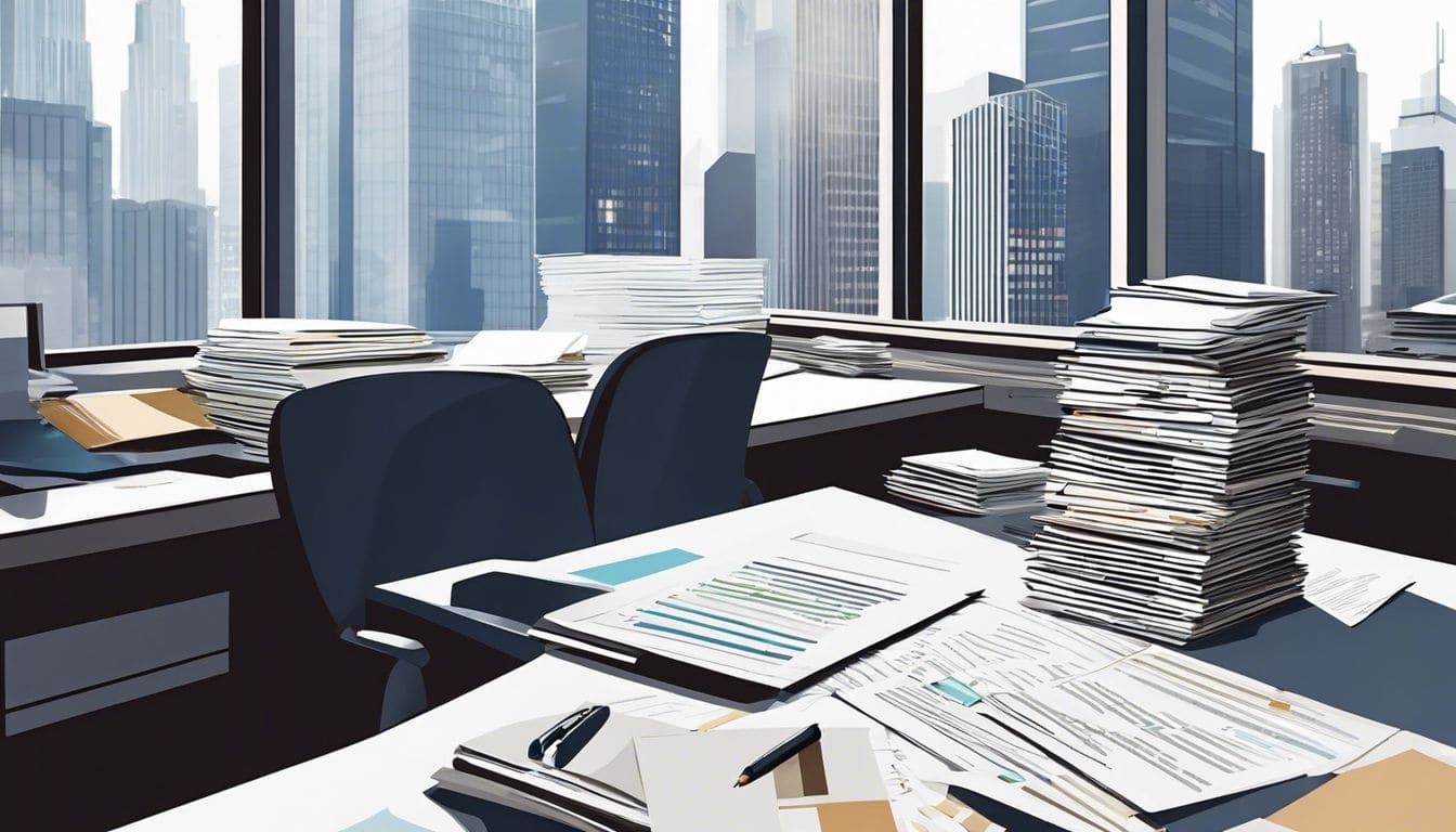 Een stapel netjes georganiseerde zakelijke financiële documenten op een modern kantoorbureau. Een stapel netjes georganiseerde zakelijke financiële documenten op een modern kantoorbureau.