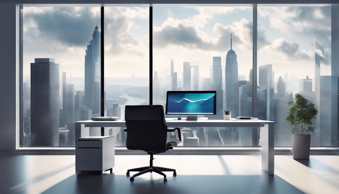Een modern kantoor bureau met computer en futuristisch design. Een modern kantoor bureau met computer en futuristisch design.