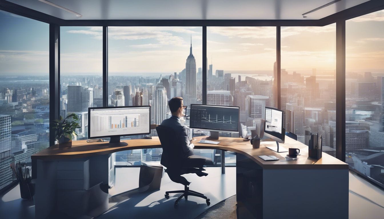 Een persoon gebruikt boekhoudsoftware op een modern kantoor.