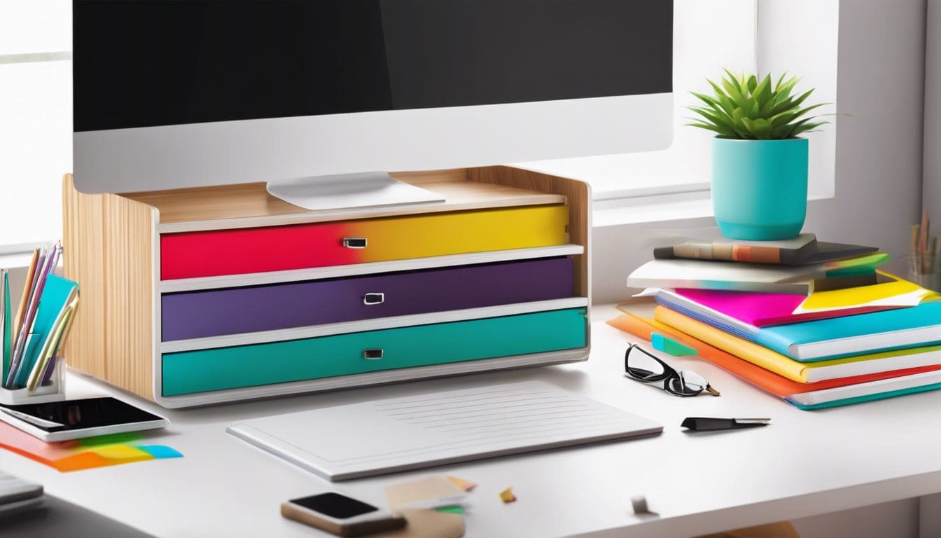 Een georganiseerd bureau met kleurrijke mappen en kantoorbenodigdheden.