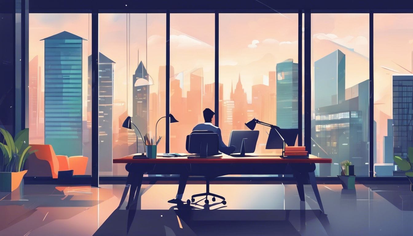 Een jonge ondernemer bekijkt boekhoudcursussen in een modern kantoor met uitzicht op de stad.