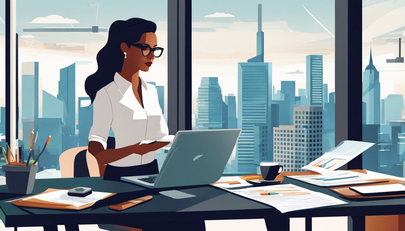 Een zelfstandige vrouw bekijkt financi&euml;le rapporten in modern kantoor.