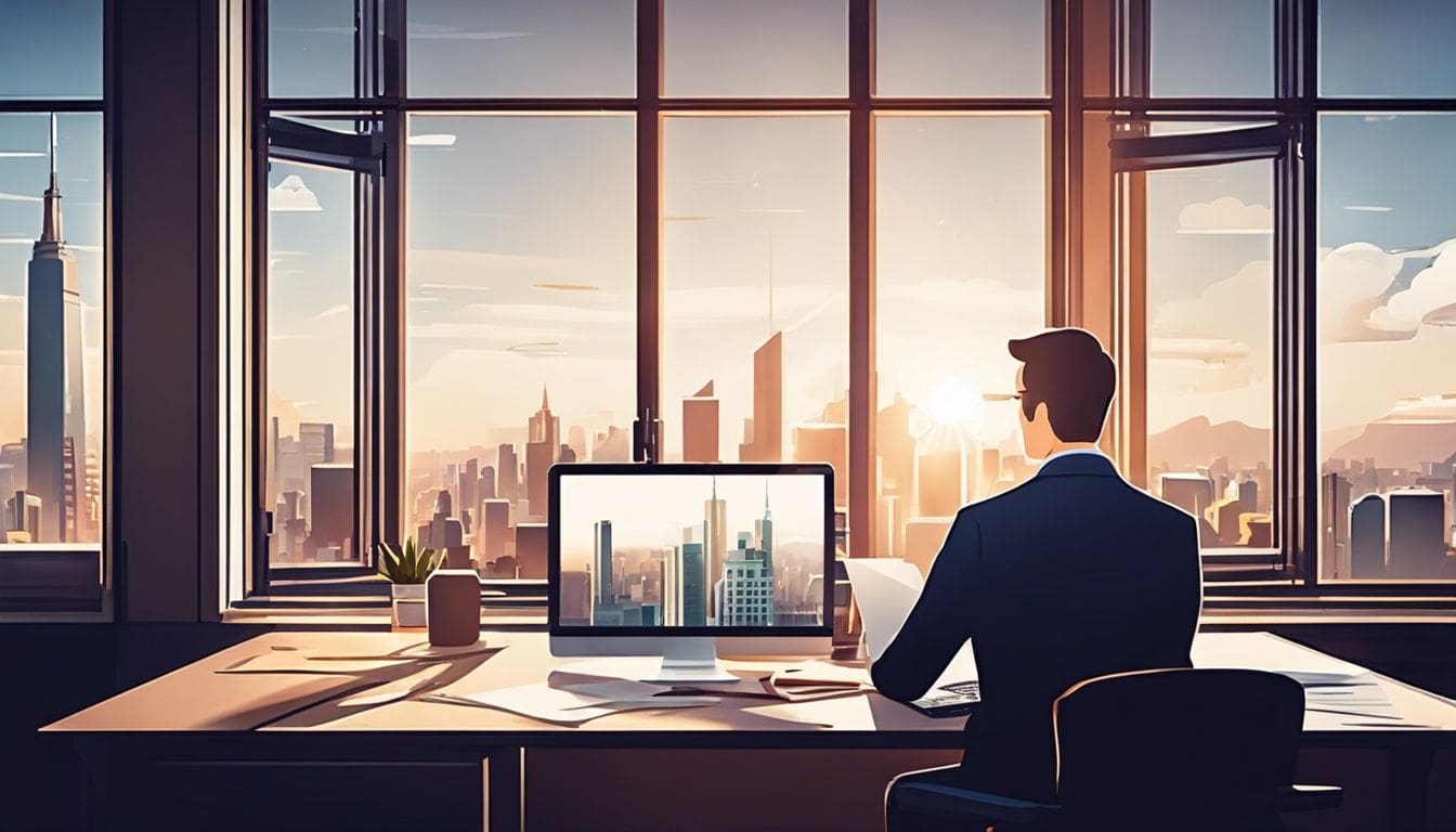 Een kleine zakelijke eigenaar werkt geconcentreerd aan zijn bureau, met uitzicht op de stad.