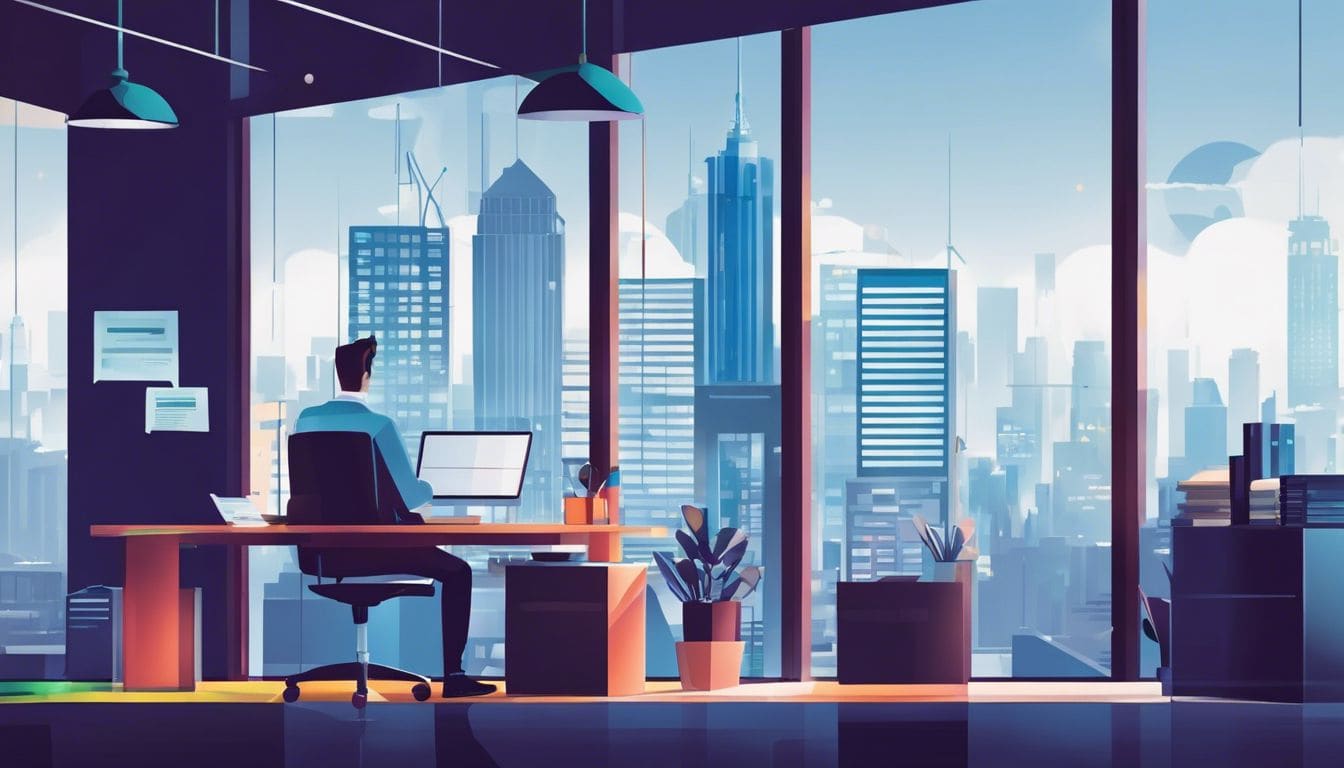 Een freelance accountant evalueert boekhoudsoftware in een modern kantoor met stadsgezicht.