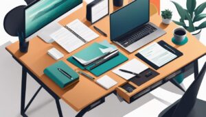 Een freelancer organiseert financiële documenten op een modern bureau.