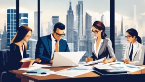 Een groep financiële experts bekijkt documenten in een modern kantoor.