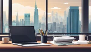 Een laptop op een bureau met zakelijke documenten en stadsgezicht.