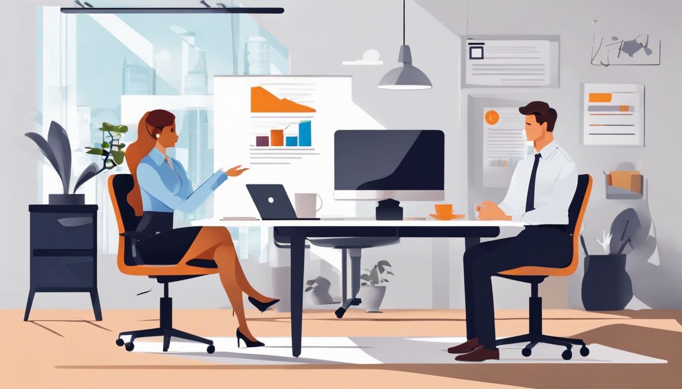 Een accountant geeft advies aan een zelfstandige in een moderne kantooromgeving.