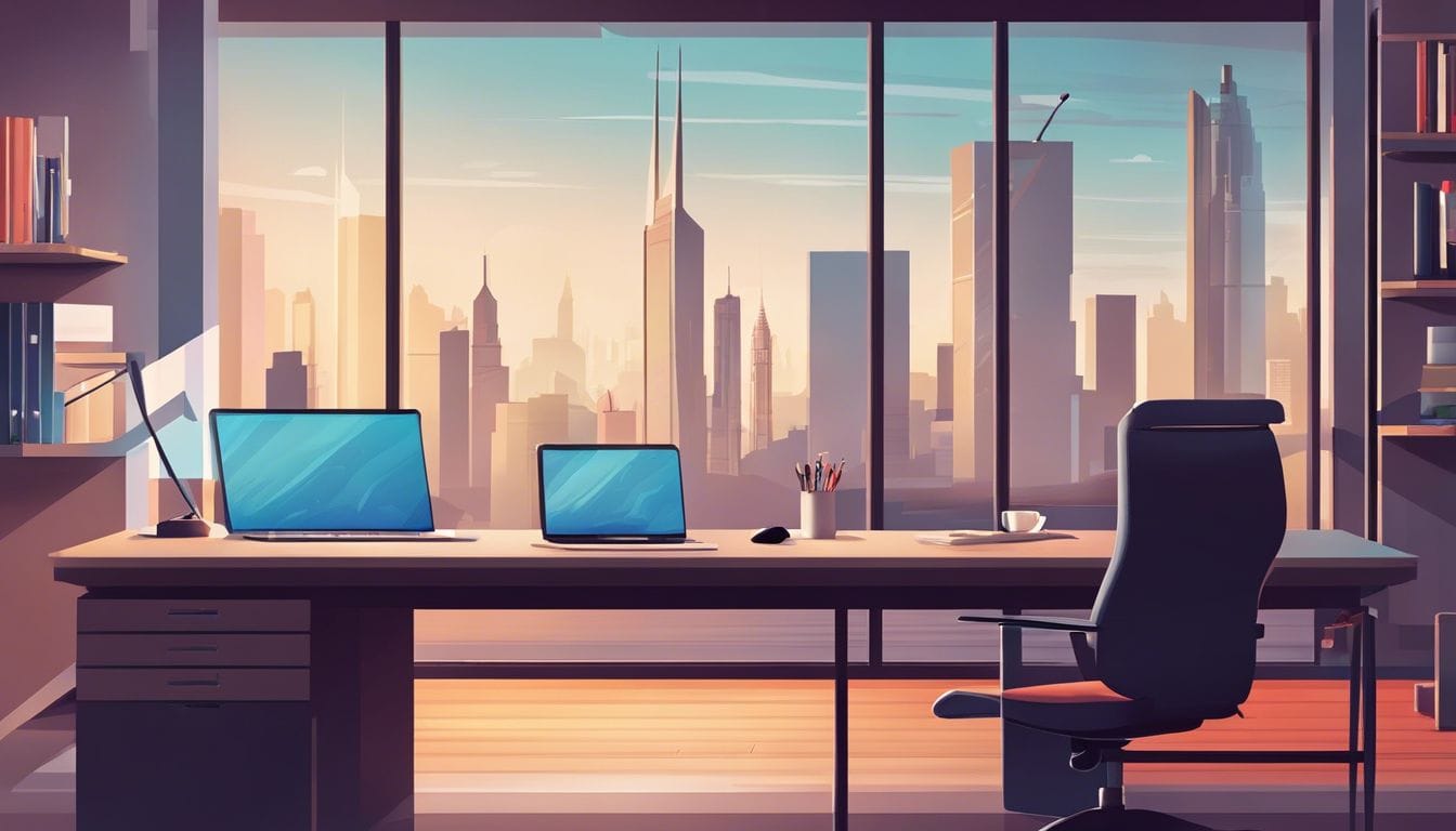 Een opgeruimd bureau met moderne kantoorspullen en een stadsgezicht achtergrond.