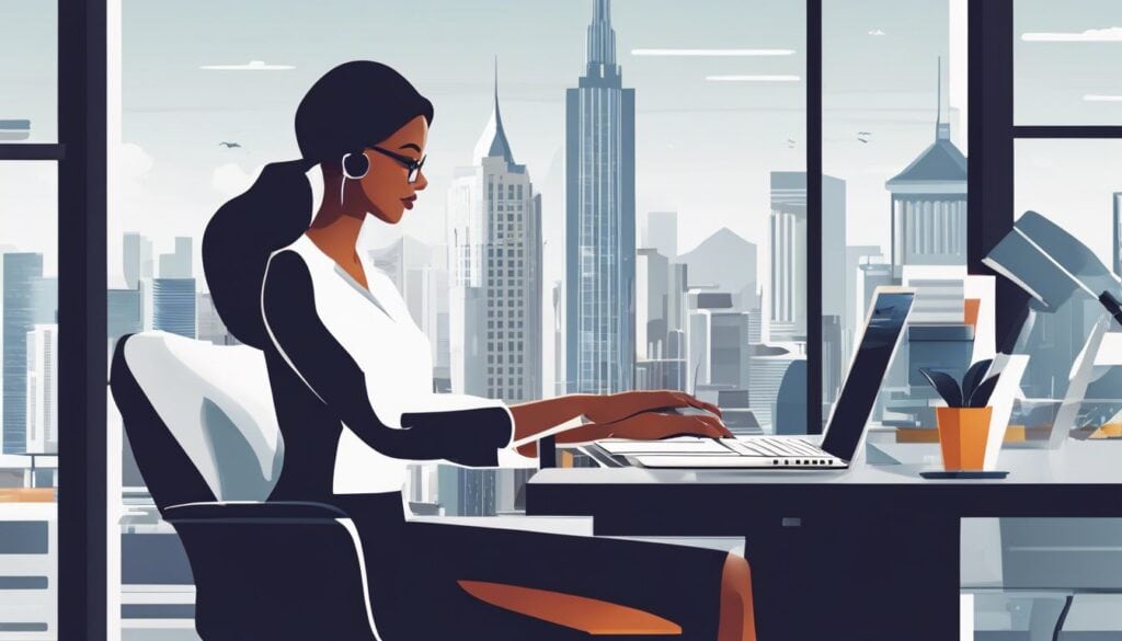 Een vrouwelijke professional werkt geconcentreerd aan een bureau met laptop en financiële documenten, met een stad op de achtergrond.