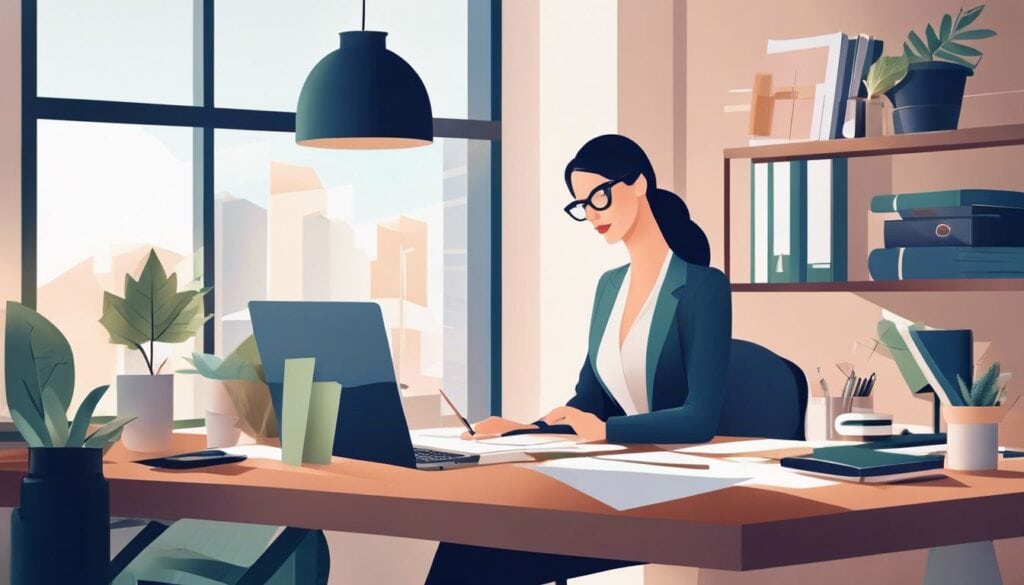 Een professionele vrouw organiseert financiële documenten in een modern thuiskantoor.