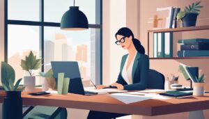 Een professionele vrouw organiseert financiële documenten in een modern thuiskantoor.