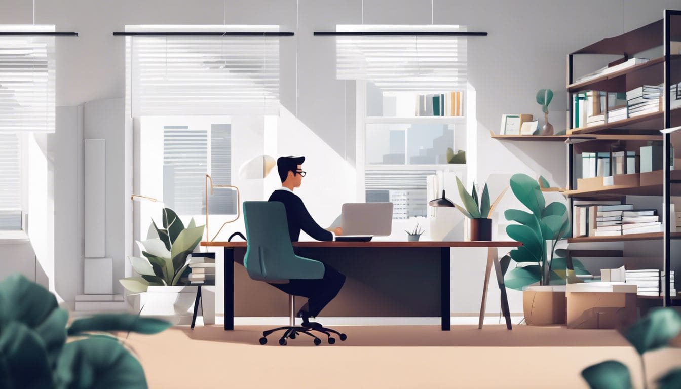 Iemand werkt op een laptop omringd door georganiseerde financi&euml;le documenten in een moderne kantooromgeving.