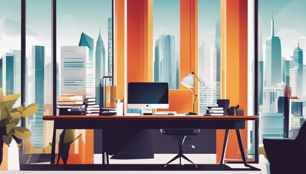 Een opgeruimd en georganiseerd kantoor met financiële documenten en een laptop, met een moderne en professionele uitstraling en uitzicht op een bruisende stad.