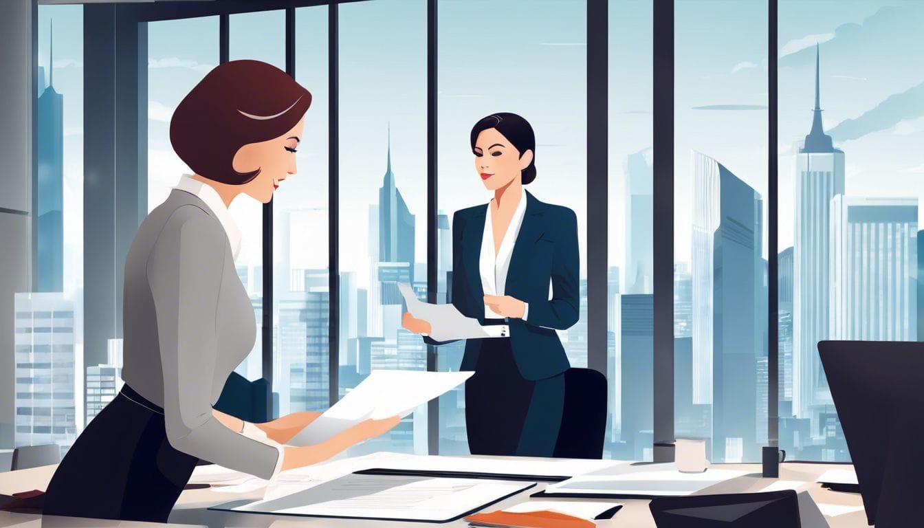 Een zakenvrouw bespreekt financi&euml;le documenten met een accountant in een modern kantoor.