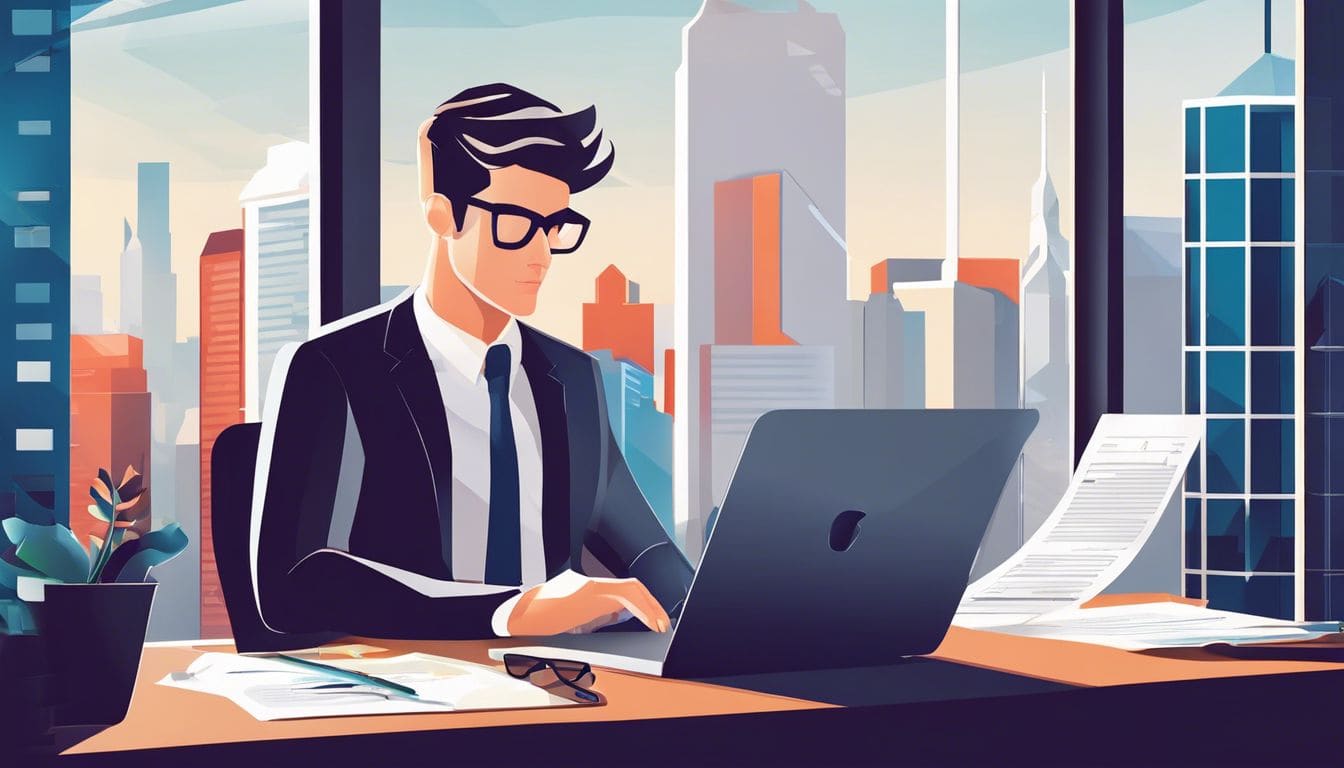 Een freelancer werkt geconcentreerd aan een bureau met financiële documenten. Een freelancer werkt geconcentreerd aan een bureau met financiële documenten.