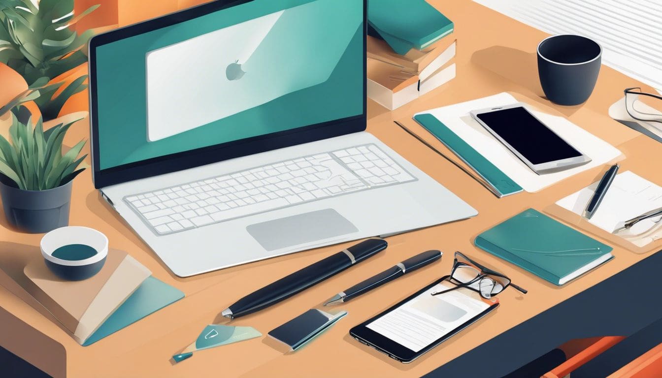 Een goed georganiseerde kantoorruimte met laptop, papierwerk en contract. Een goed georganiseerde kantoorruimte met laptop, papierwerk en contract.