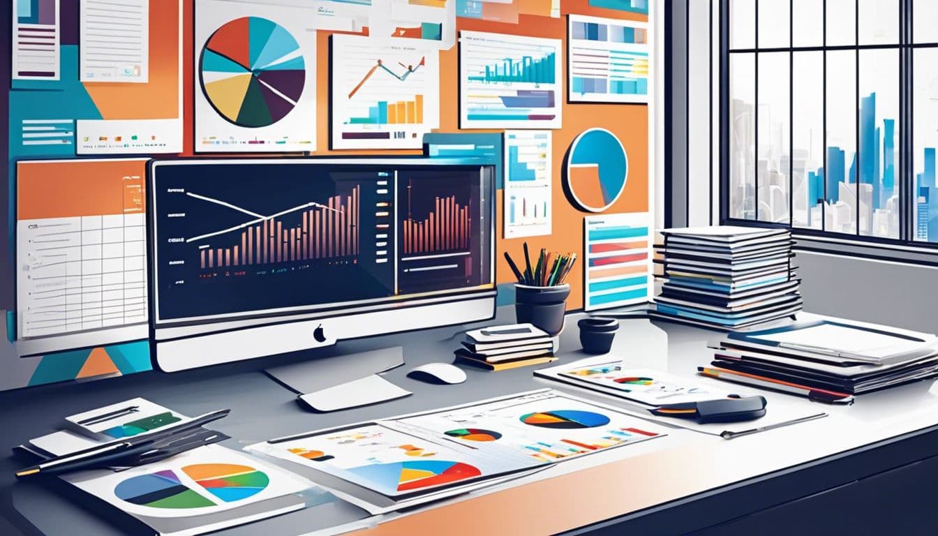 Een strak ontworpen financiële werkruimte met georganiseerde chaos van cijfers en grafieken. Een strak ontworpen financiële werkruimte met georganiseerde chaos van cijfers en grafieken.