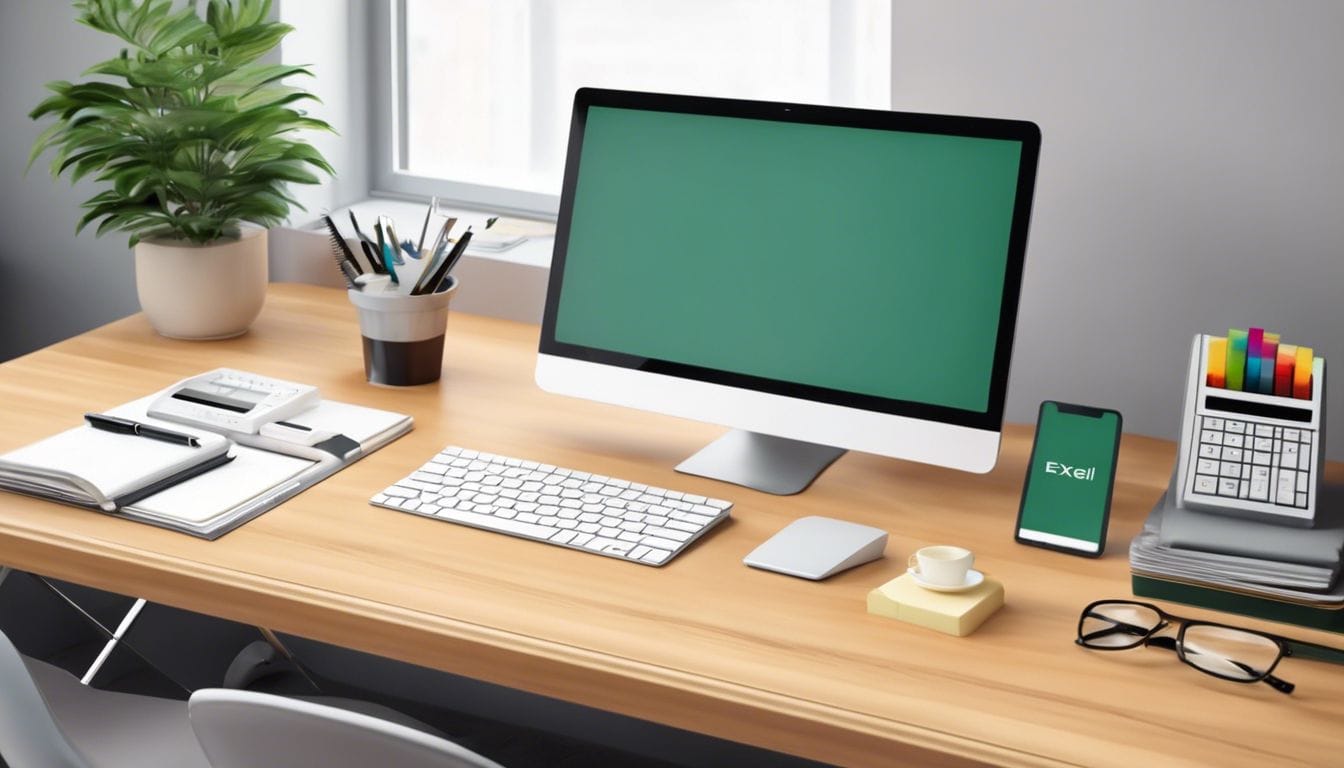 Een opgeruimd kantoorbureau met laptop, rekenmachine en Excel-spreadsheets, omringd door kantoorbenodigdheden.