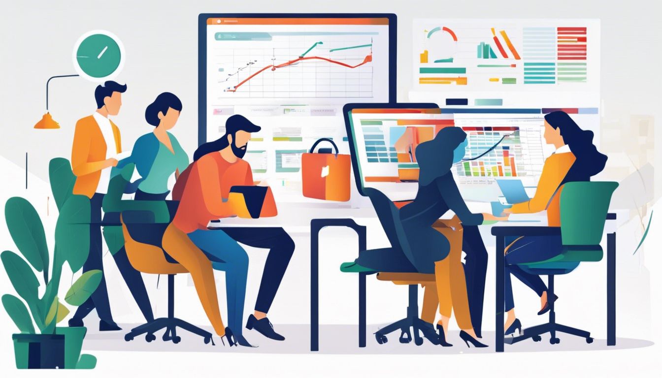 Een diverse groep mensen werkt samen aan een financi&euml;le spreadsheet in een modern kantoor.