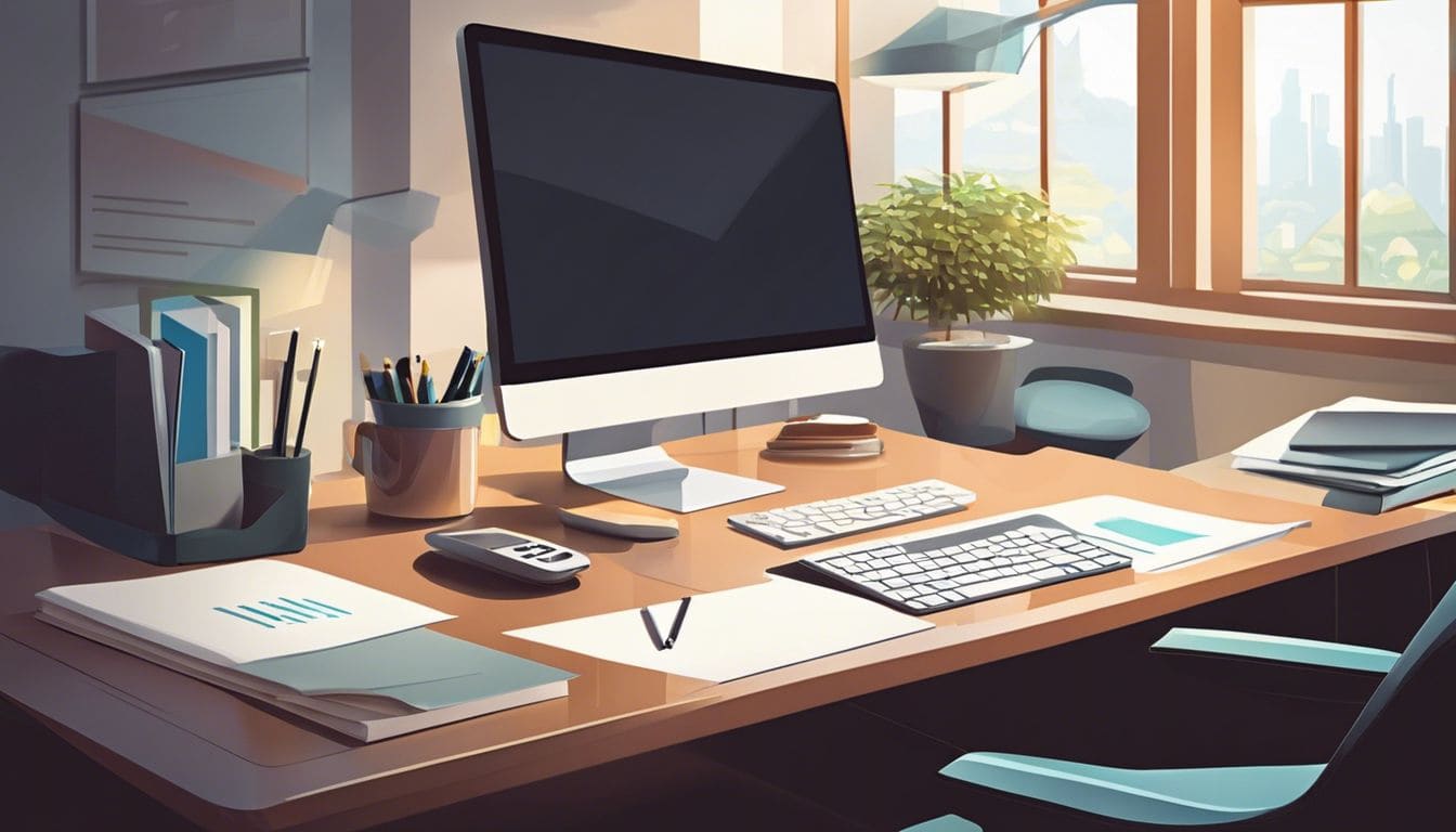 Een schone, georganiseerde werkplek met financi&euml;le documenten en moderne technologie.