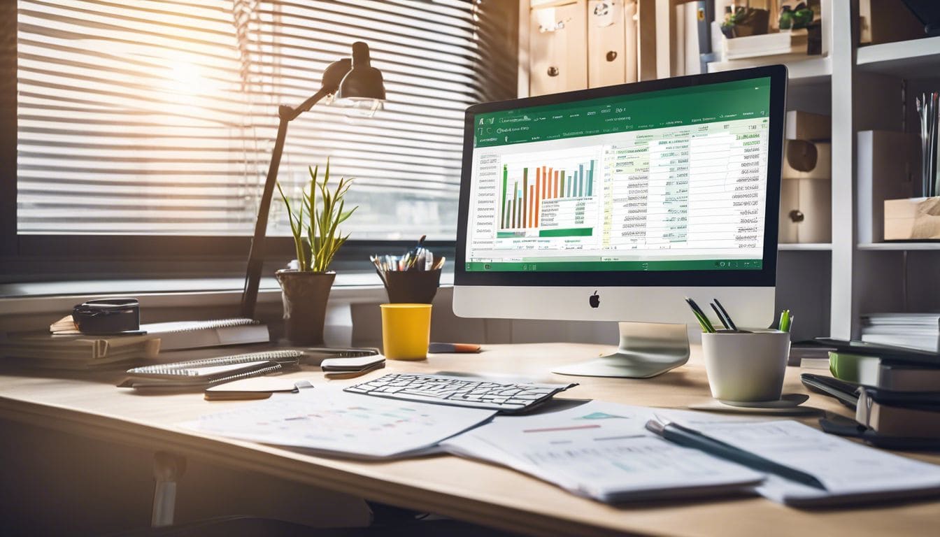 Een netjes georganiseerd Excel-spreadsheet met financiële gegevens omringd door kantoorbenodigdheden. Een netjes georganiseerd Excel-spreadsheet met financiële gegevens omringd door kantoorbenodigdheden.