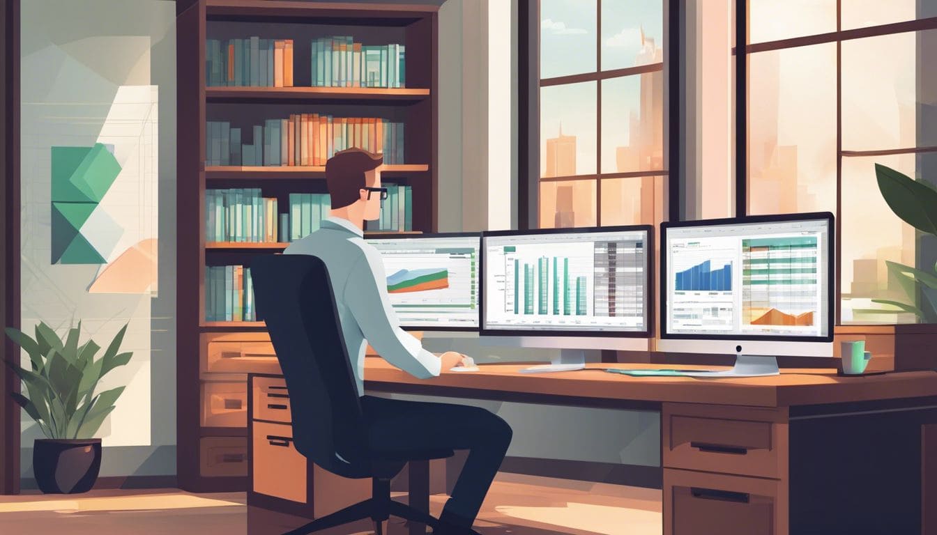 Een persoon organiseert financiële documenten in Excel op kantoor. Een persoon organiseert financiële documenten in Excel op kantoor.