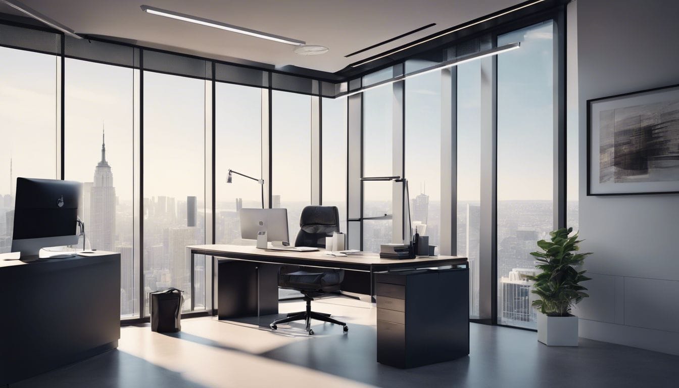 Een zakelijke eigenaar werkt aan financi&euml;le verslagen in een modern kantoor.