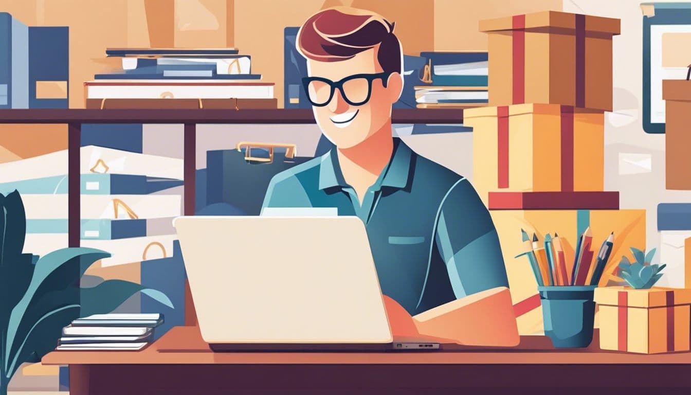 Een ondernemer werkt op een laptop omringd door verzendpakketten in een thuiskantoor.