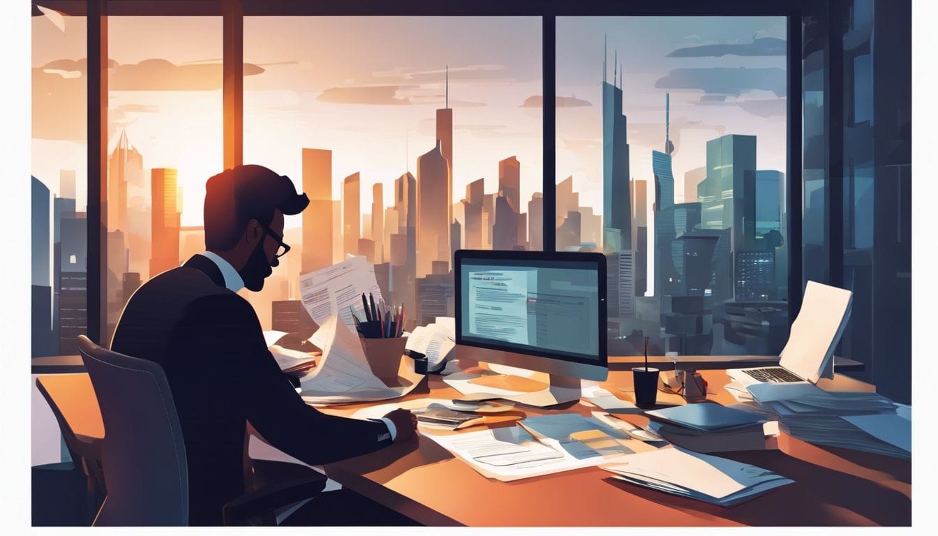 Persoon zit aan druk bureau in stadsomgeving met financi&euml;le documenten.