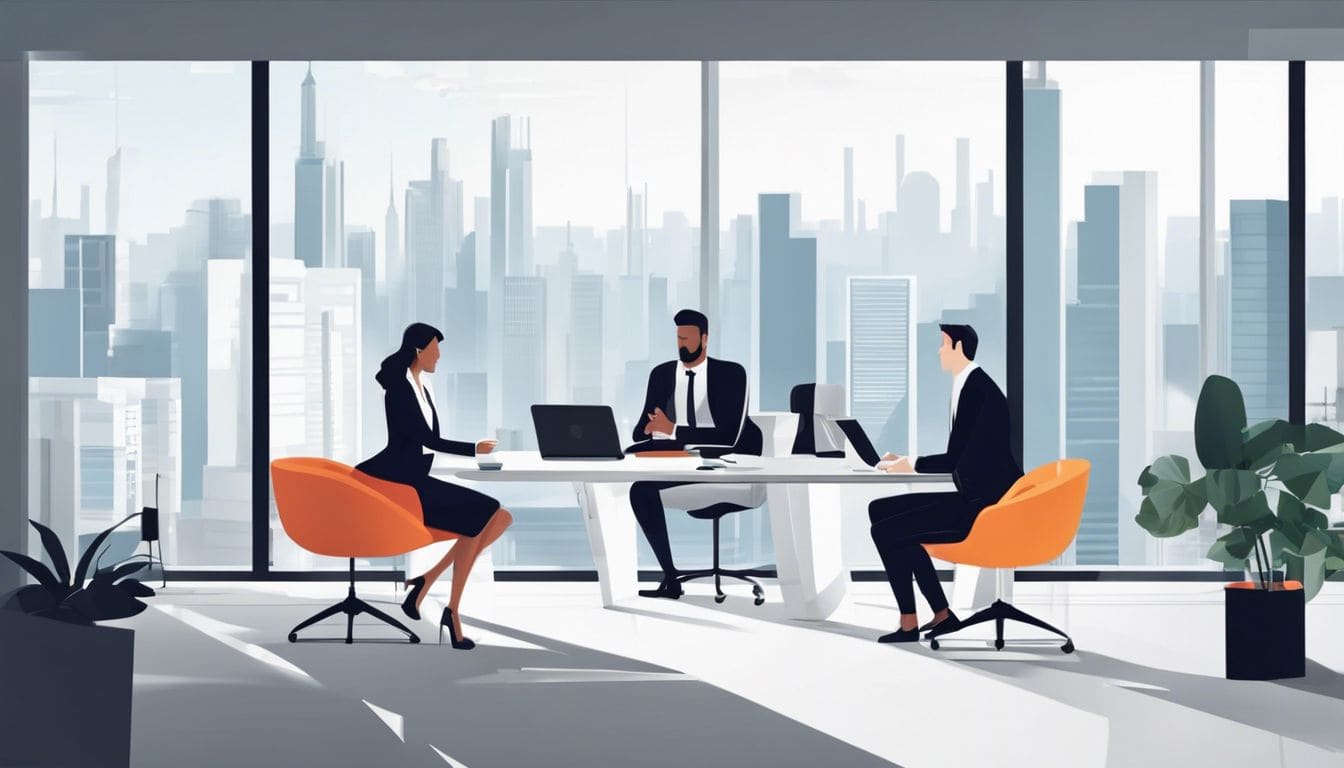 Drie zakenpartners bespreken en strategiseren in een modern kantoor.