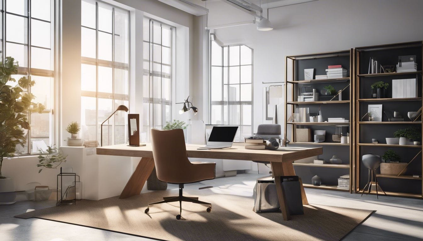 Een opgeruimd bureau met een computer en modern kantoordecor.