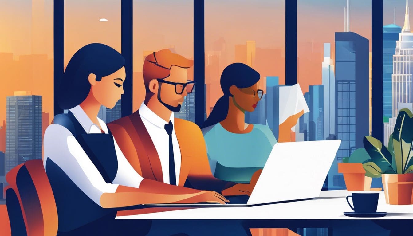 Een groep mensen beheert financi&euml;n op een laptop in een comfortabel kantoor.