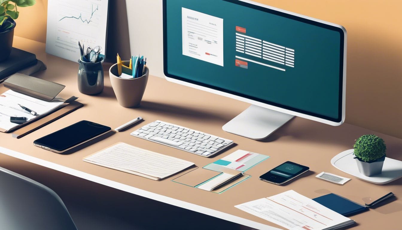 Een goed georganiseerd bureau met laptop, rekenmachine en financi&euml;le documenten.