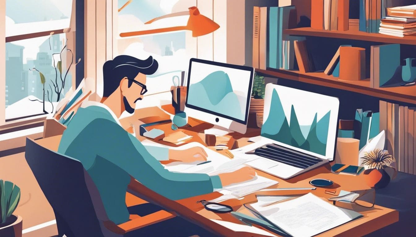 Een freelancer werkt in een rommelig maar gezellig thuiskantoor met financiële documenten. Een freelancer werkt in een rommelig maar gezellig thuiskantoor met financiële documenten.