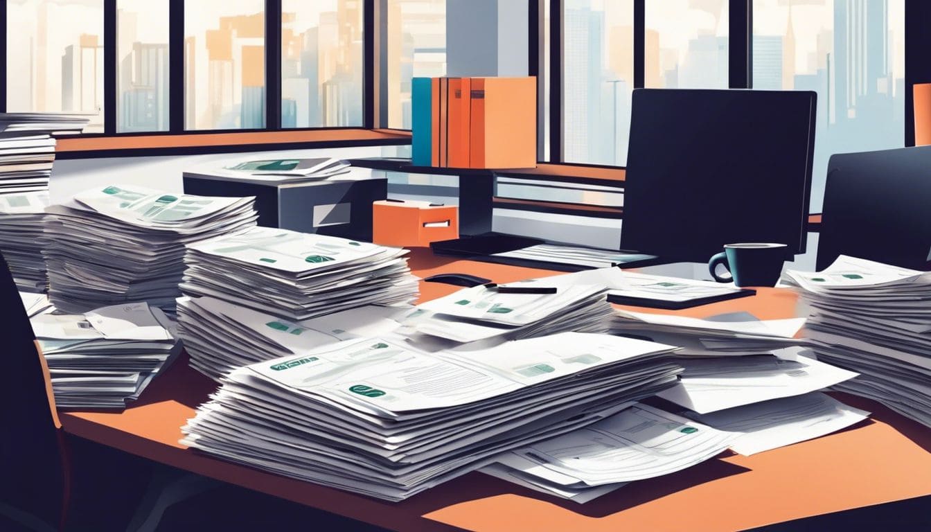 Een stapel rekeningen en bonnetjes verspreid over een bureau in een modern kantoor. Een stapel rekeningen en bonnetjes verspreid over een bureau in een modern kantoor.