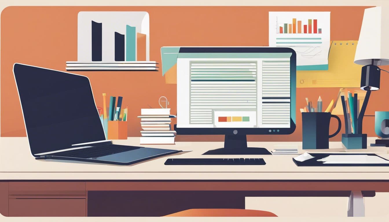 Een opgeruimd kantoorbureau met computer en boekhoudsoftware in een warme sfeer.