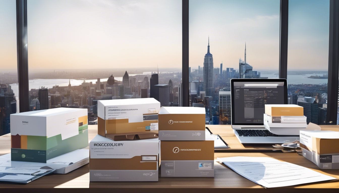 Een stapel netjes geordende boekhoudsoftware dozen op een opgeruimd kantoor bureau.