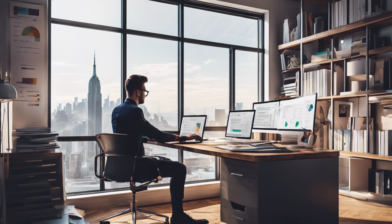 Een persoon werkt op een laptop omringd door boekhoudsoftware en financi&euml;le documenten, met een drukke en productieve sfeer.