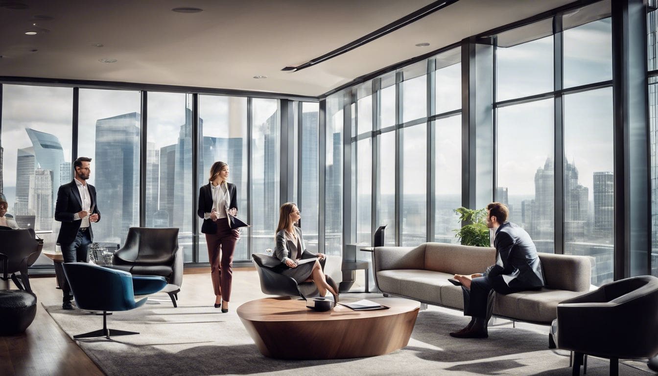 Een diverse groep zakelijke professionals bespreekt diefstalpreventie in een modern kantoor. Een diverse groep zakelijke professionals bespreekt diefstalpreventie in een modern kantoor.