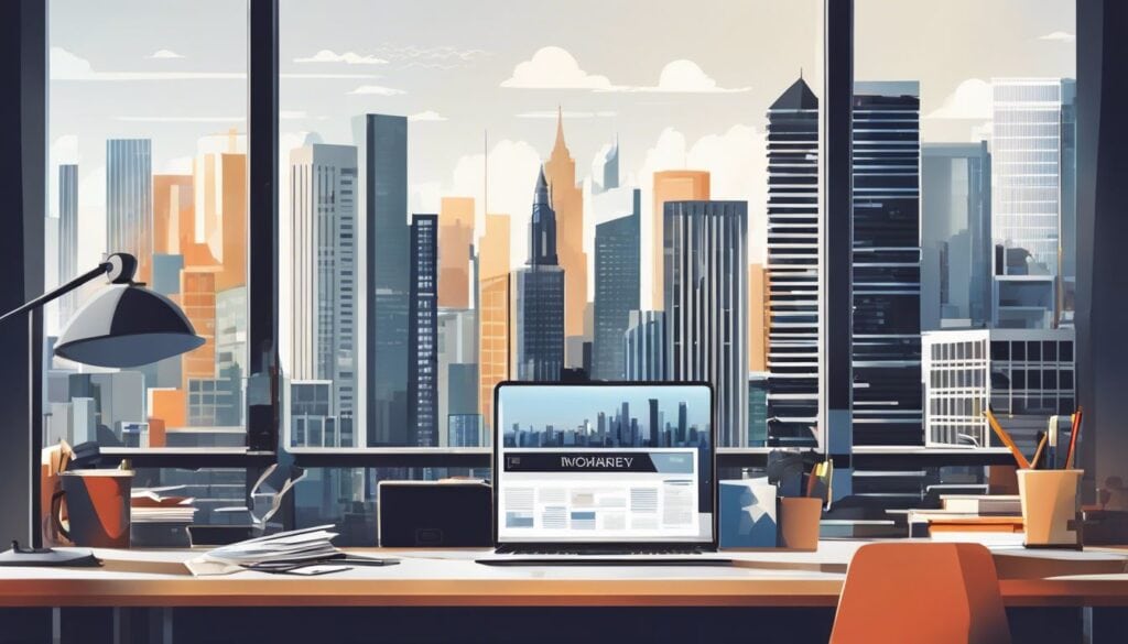 Een georganiseerd bureau met laptop en financiële documenten, met stadsgezicht op de achtergrond.