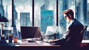 Iemand zit achter een bureau omringd door digitale apparaten en een drukke stad.