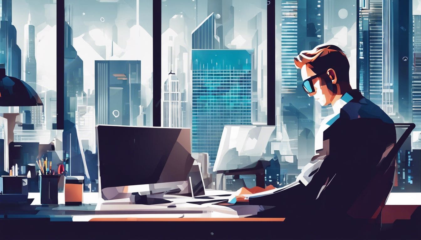 Iemand zit achter een bureau omringd door digitale apparaten en een drukke stad.