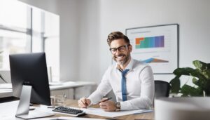 Een professionele accountant glimlacht terwijl hij boekhoudsoftware gebruikt in een modern kantoor.