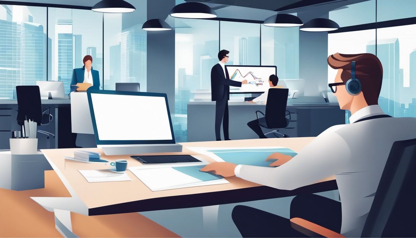 Een zakenman werkt samen met een virtuele accountant in een modern kantoor.