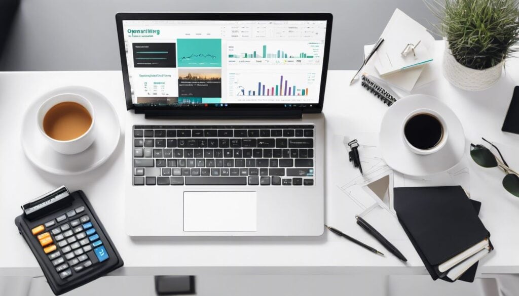 Een laptop met boekhoudsoftware, omringd door kantoorbenodigdheden op een schone bureau.