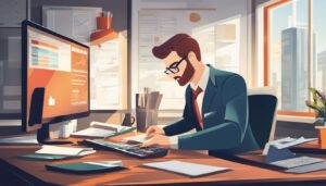 Een kleine ondernemer gebruikt boekhoudsoftware op zijn computer in een rommelig kantoor.