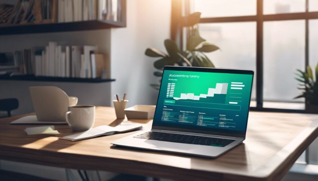 Een student gebruikt boekhoudsoftware op een laptop in een moderne studieomgeving.