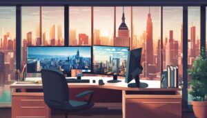 Een moderne kantoorwerkplek met meerdere computerschermen en stadsgezichten op de achtergrond.